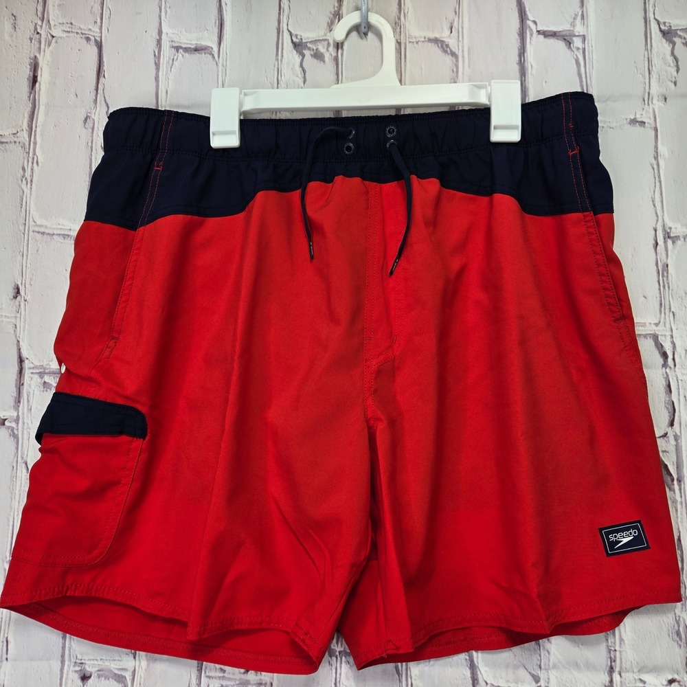 Speedo Mens XXL Swim Trunks Red Navy Blue Cargo Pocket Mesh Liner Board Shorts - Picture 1 of 11